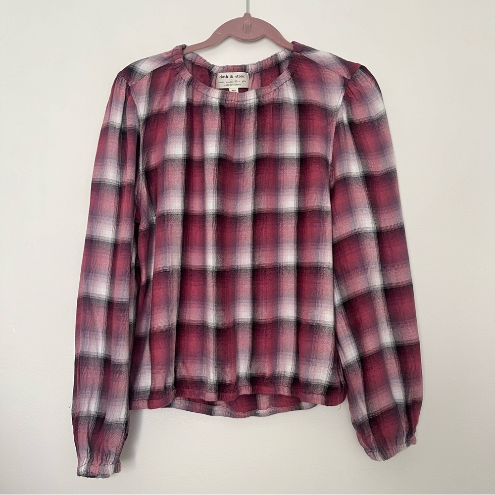 Cloth & Stone Anthropologie Plaid Pink and Cream Long Sleeve Blouse
